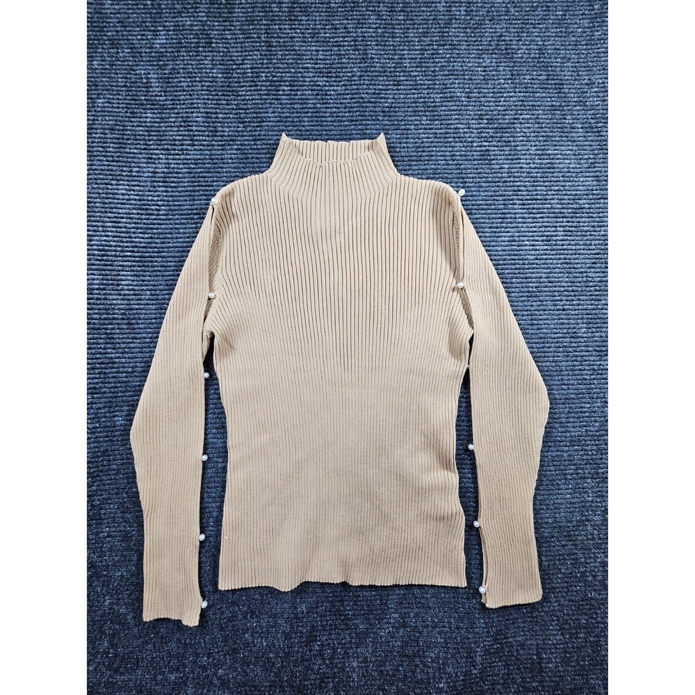 NEW NWT Nanette Lepore Sweater Womens M Beige Faux Pearl Detail Cut Out Sleeve